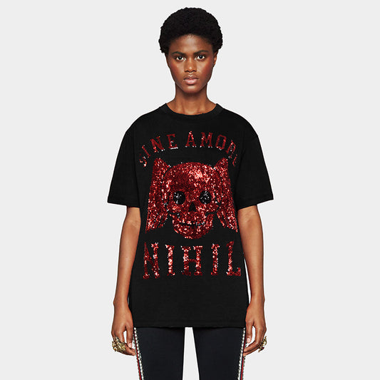 XS NEW $1,490 GUCCI Black Sine AMORE Red Winged Skull Sequin Oversized T-SHIRT