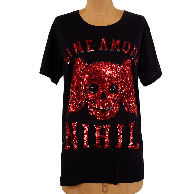 XS NEW $1,490 GUCCI Black Sine AMORE Red Winged Skull Sequin Oversized T-SHIRT