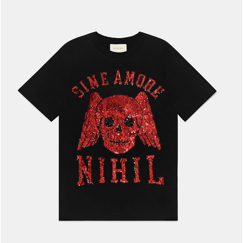 GUCCI Tシャツ　スパンコール　サインアモーレニヒル XS NEW $1,490 GUCCI Black Sine AMORE Red Winged Skull Sequin