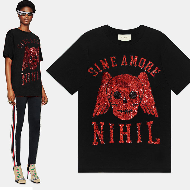 XS NEW $1,490 GUCCI Black Sine AMORE Red Winged Skull Sequin Oversized T-SHIRT