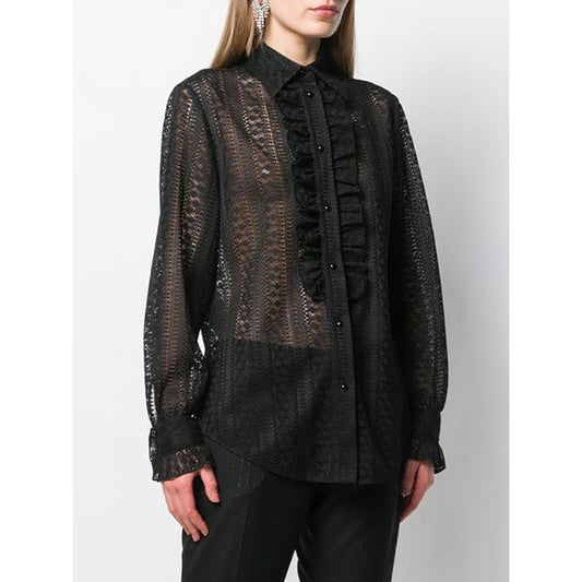 46 US 10 NEW $1195 GUCCI Black SHEER LACE Button Front Long Sleeve RUFFLE BLOUSE TOP