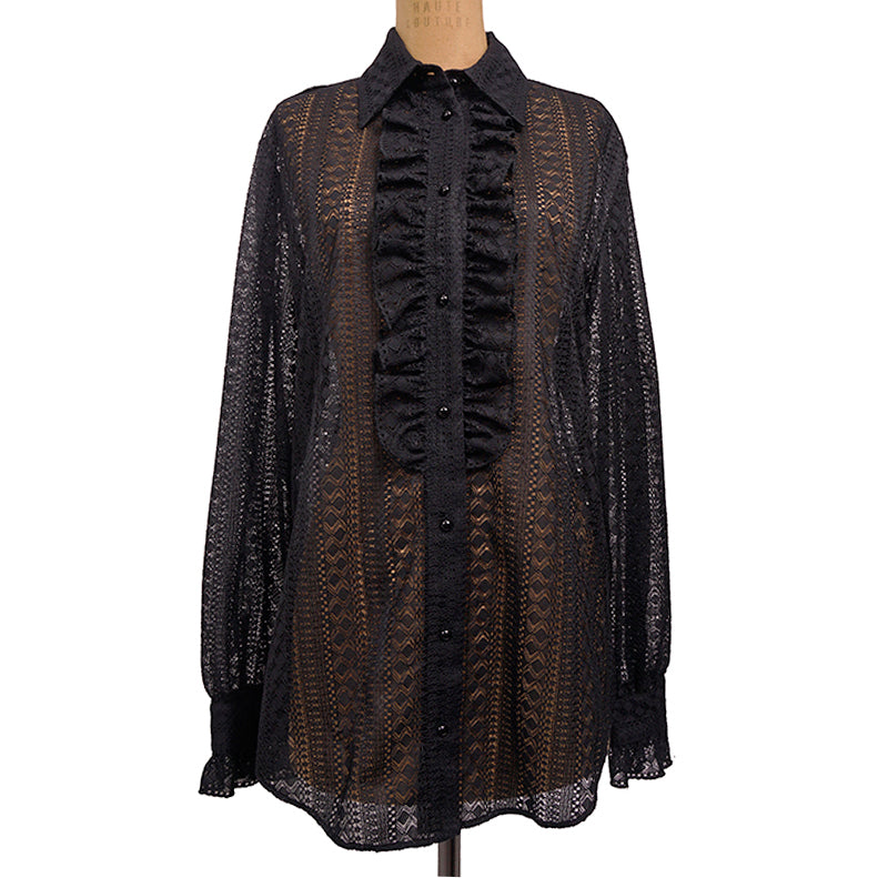 46 US 10 NEW $1195 GUCCI Black SHEER LACE Button Front Long Sleeve RUFFLE BLOUSE TOP