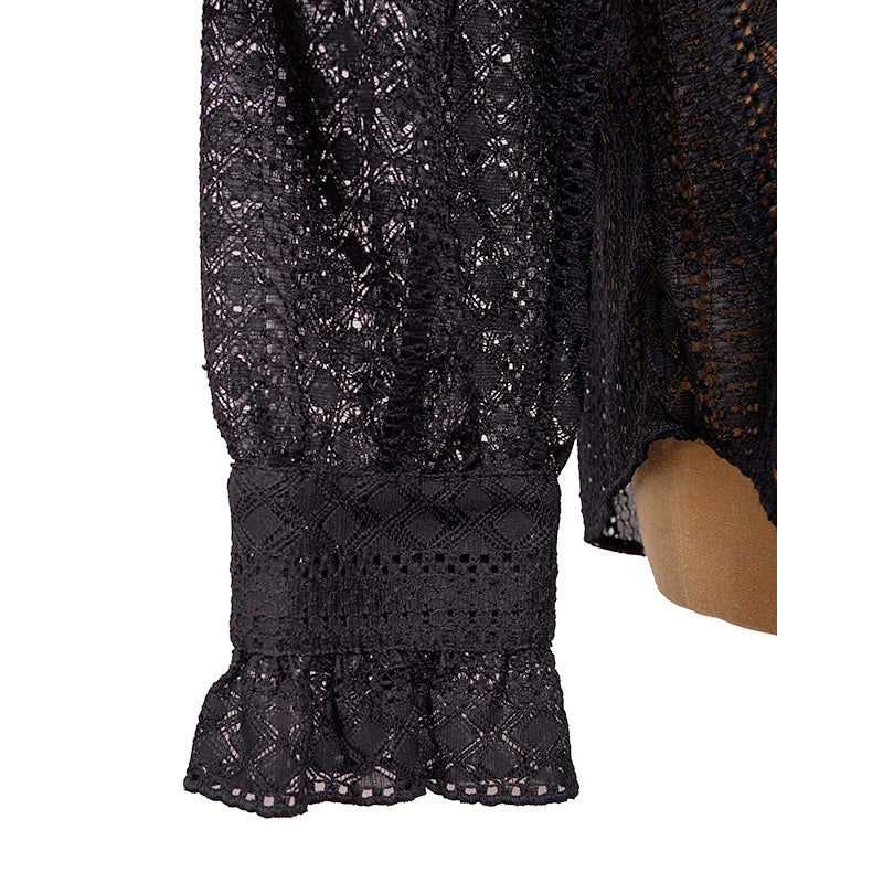46 US 10 NEW $1195 GUCCI Black SHEER LACE Button Front Long Sleeve RUFFLE BLOUSE TOP