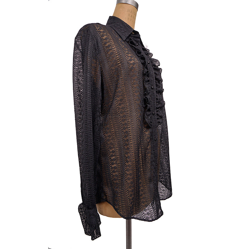 46 US 10 NEW $1195 GUCCI Black SHEER LACE Button Front Long Sleeve RUFFLE BLOUSE TOP