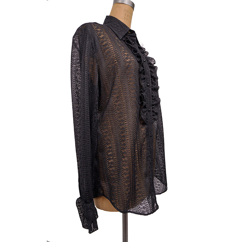 46 NEW $1195 GUCCI Black SHEER LACE Button Front Long Sleeve RUFFLE BLOUSE TOP