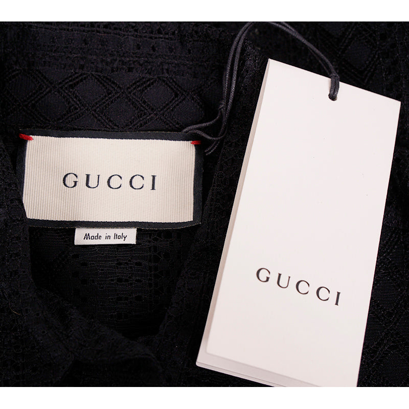 46 US 10 NEW $1195 GUCCI Black SHEER LACE Button Front Long Sleeve RUFFLE BLOUSE TOP