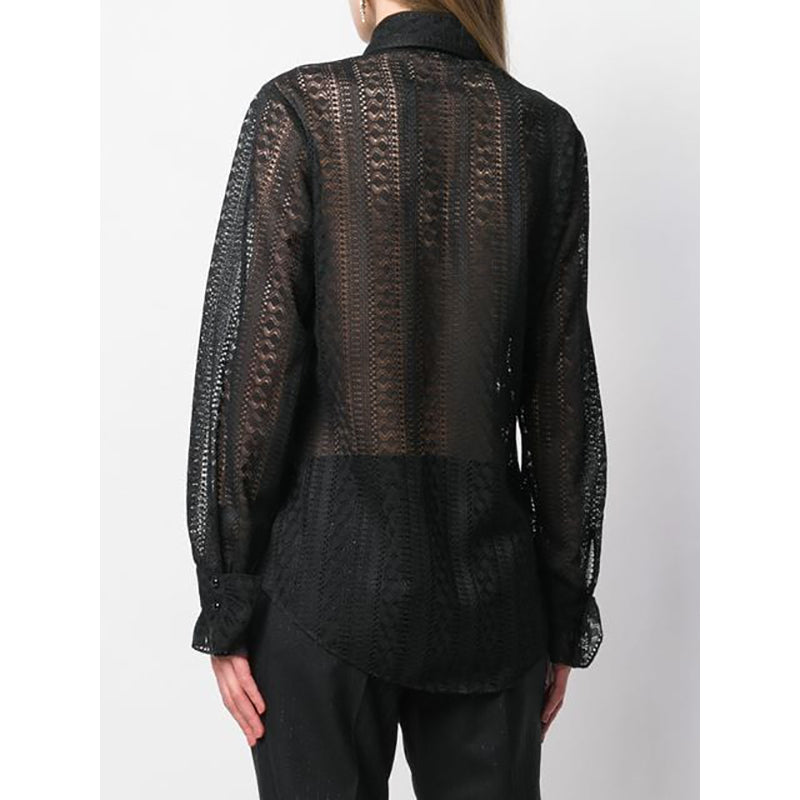 46 US 10 NEW $1195 GUCCI Black SHEER LACE Button Front Long Sleeve RUFFLE BLOUSE TOP