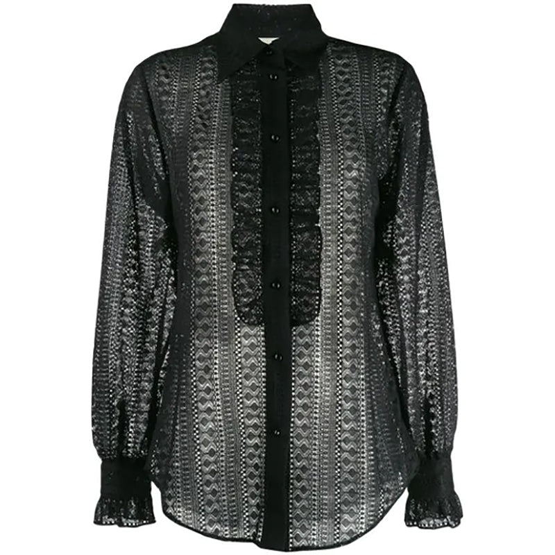 46 US 10 NEW $1195 GUCCI Black SHEER LACE Button Front Long Sleeve RUFFLE BLOUSE TOP