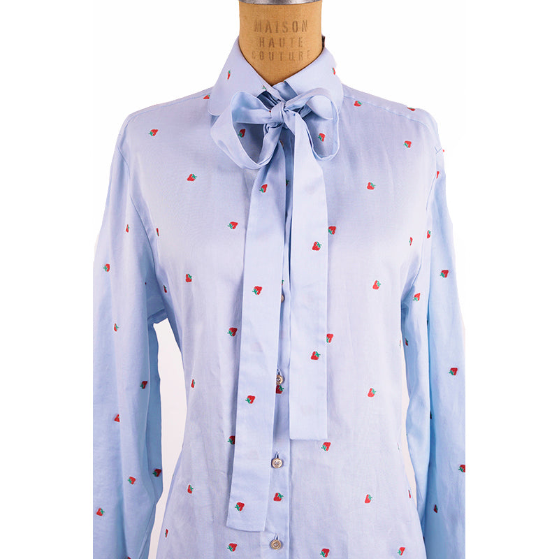 42 NEW $980 GUCCI Blue Cotton STRAWBERRY PATTERN Button Down SHIRT BLOUSE TOP 8