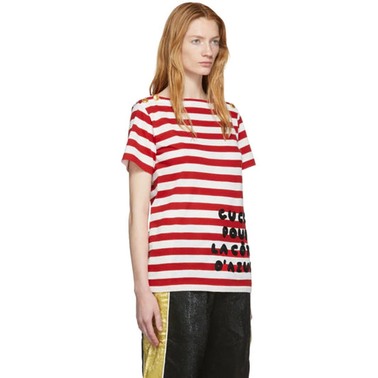 XS NEW $1,100 GUCCI Red White Striped POUR LA COTE D'AZUR Patch Cotton TEE TOP
