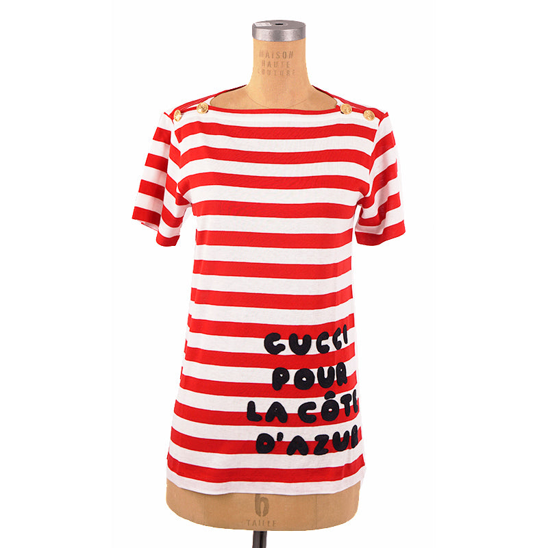 XS NEW $1,100 GUCCI Red White Striped POUR LA COTE D'AZUR Patch Cotton TEE TOP
