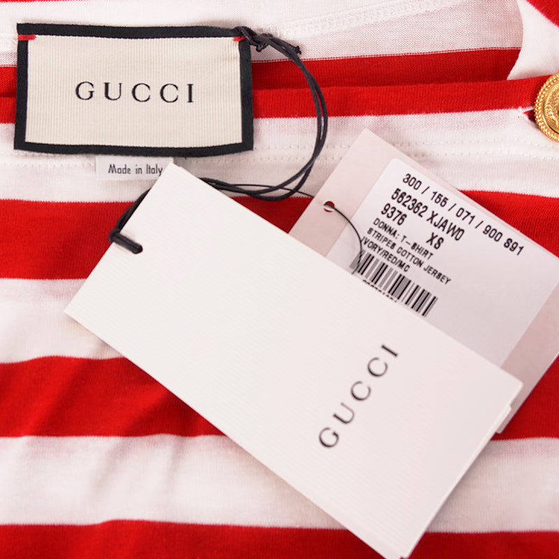 XS NEW $1,100 GUCCI Red White Striped POUR LA COTE D'AZUR Patch Cotton TEE TOP
