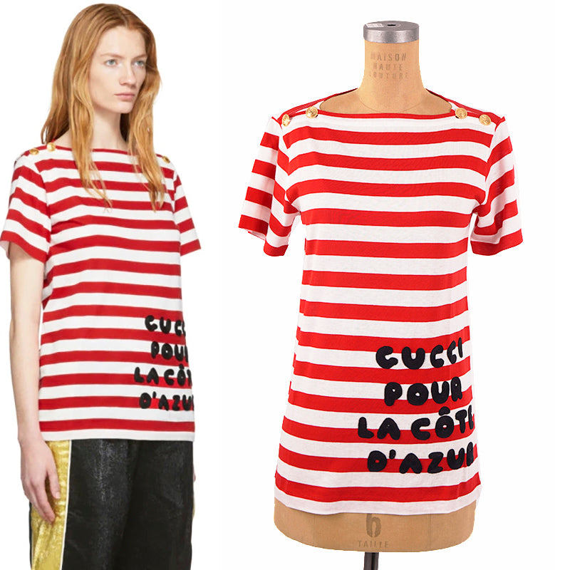 XS NEW $1,100 GUCCI Red White Striped POUR LA COTE D'AZUR Patch Cotton TEE TOP