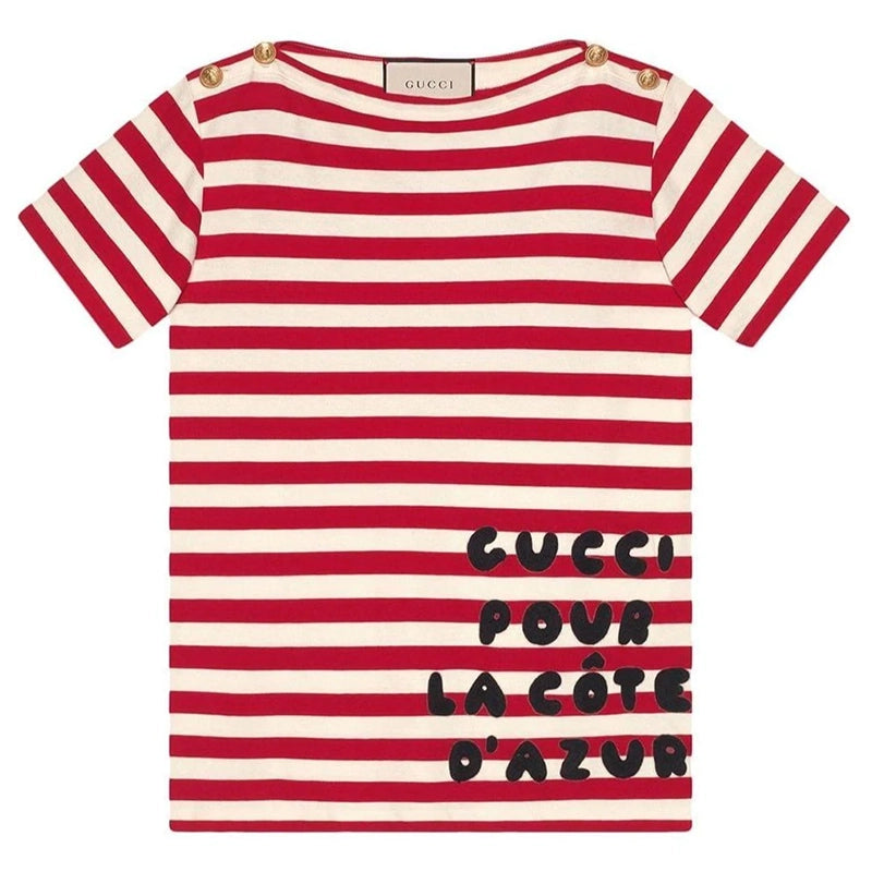 XS NEW $1,100 GUCCI Red White Striped POUR LA COTE D'AZUR Patch Cotton TEE TOP