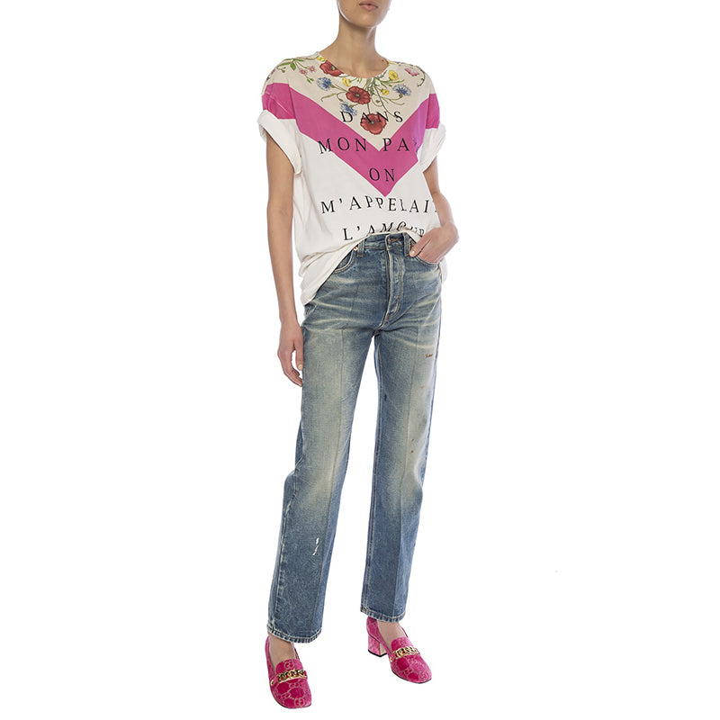 XXS NEW $830 GUCCI White OVERSIZE "Dans Mon Pays On M'Appelai L'Amour" Flora T-SHIRT