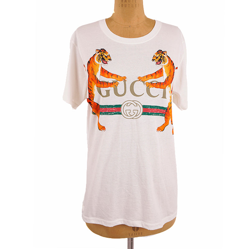 XXS NEW AUTHENTC GUCCI White DUELING TIGERS 80's GG LOGO Relax TEE T-SHIRT TOP