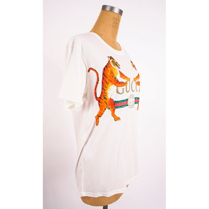 XXS NEW AUTHENTC GUCCI White DUELING TIGERS 80's GG LOGO Relax TEE T-SHIRT TOP