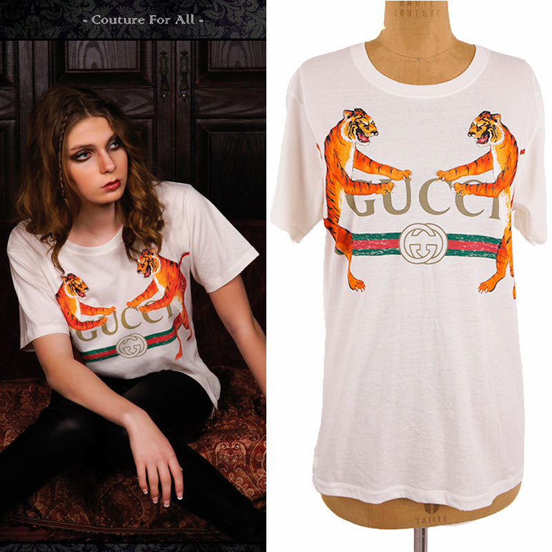 XXS NEW AUTHENTC GUCCI White DUELING TIGERS 80's GG LOGO Relax TEE T-SHIRT TOP
