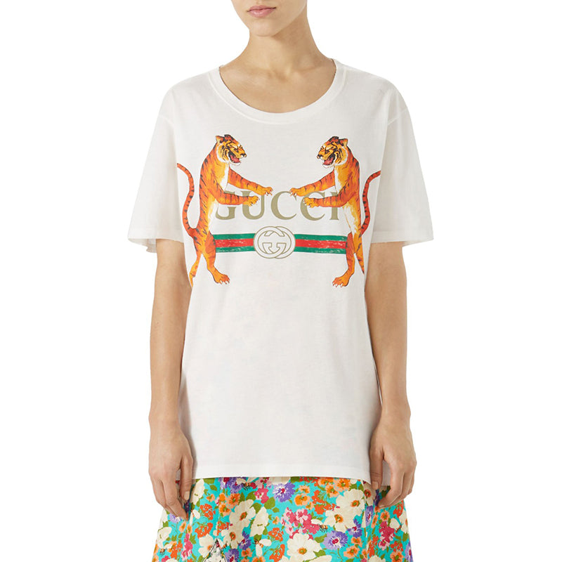 XXS NEW AUTHENTC GUCCI White DUELING TIGERS 80's GG LOGO Relax TEE T-SHIRT TOP