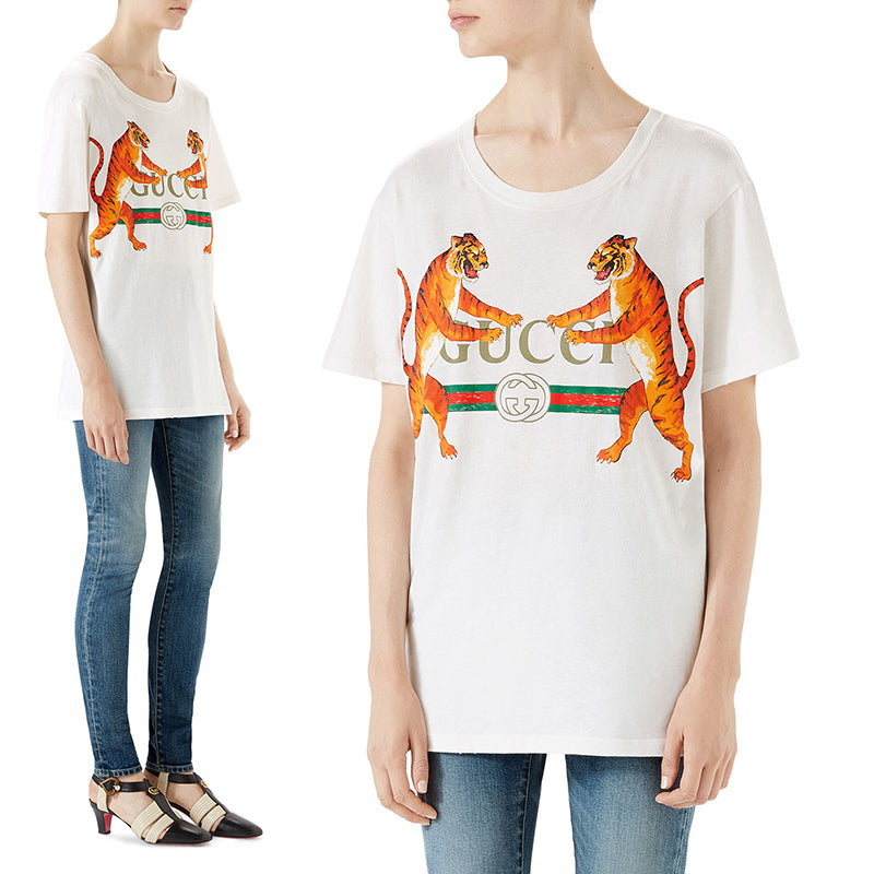 XXS NEW AUTHENTC GUCCI White DUELING TIGERS 80's GG LOGO Relax TEE T-SHIRT TOP
