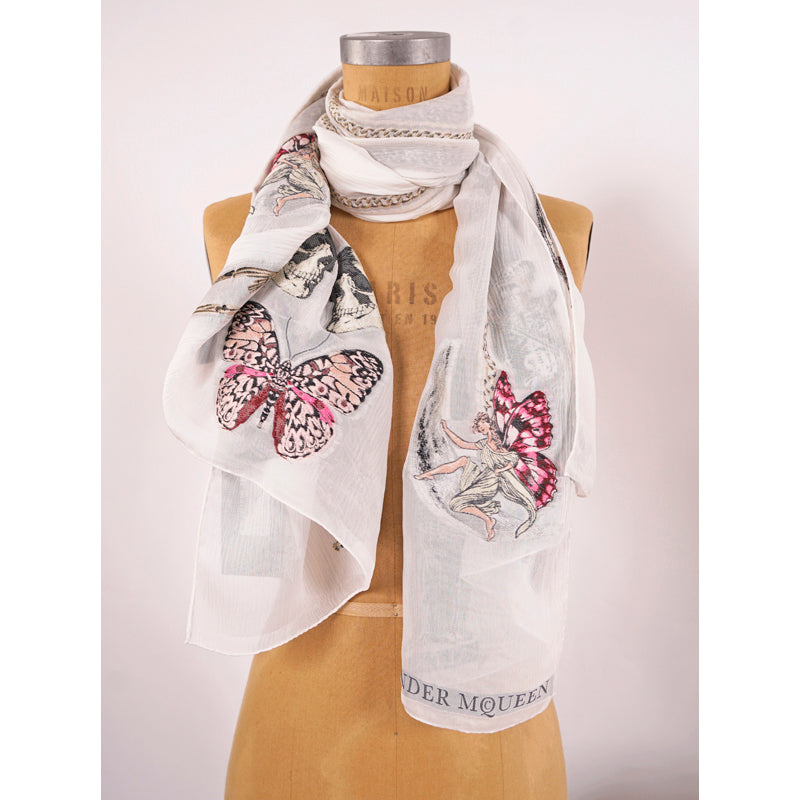 NEW $525 ALEXANDER MCQUEEN Ivory Silk RENAISSANCE CHARM Skeleton FAIRY SCARF