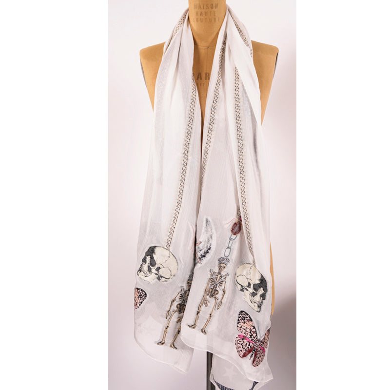 NEW $525 ALEXANDER MCQUEEN Ivory Silk RENAISSANCE CHARM Skeleton FAIRY SCARF