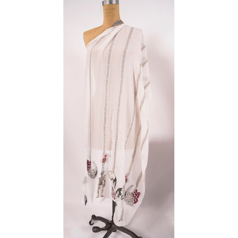 NEW $525 ALEXANDER MCQUEEN Ivory Silk RENAISSANCE CHARM Skeleton FAIRY SCARF
