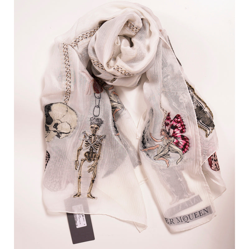 NEW $525 ALEXANDER MCQUEEN Ivory Silk RENAISSANCE CHARM Skeleton FAIRY SCARF