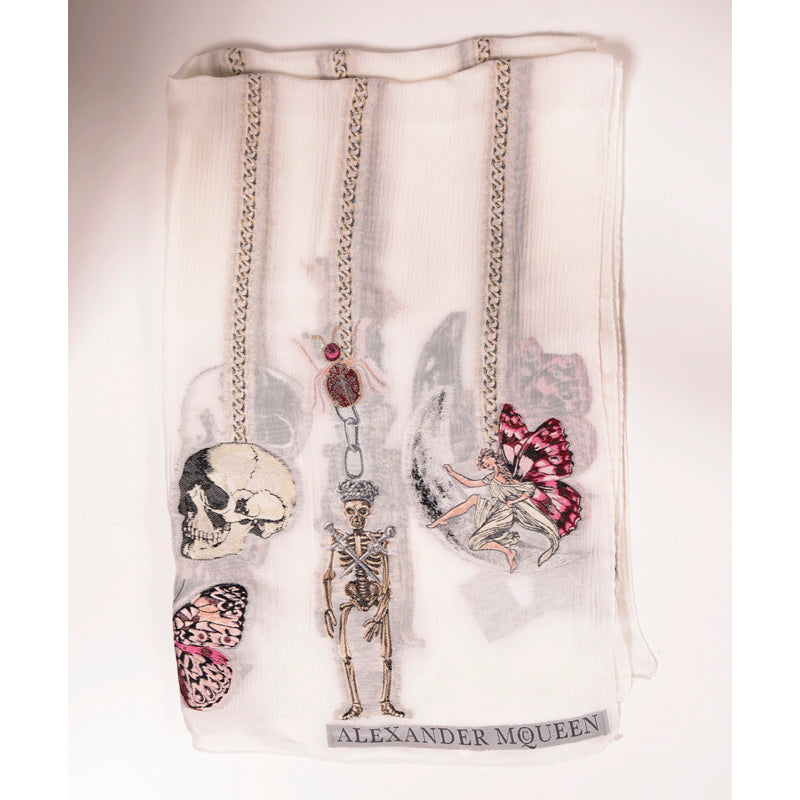 NEW $525 ALEXANDER MCQUEEN Ivory Silk RENAISSANCE CHARM Skeleton FAIRY SCARF