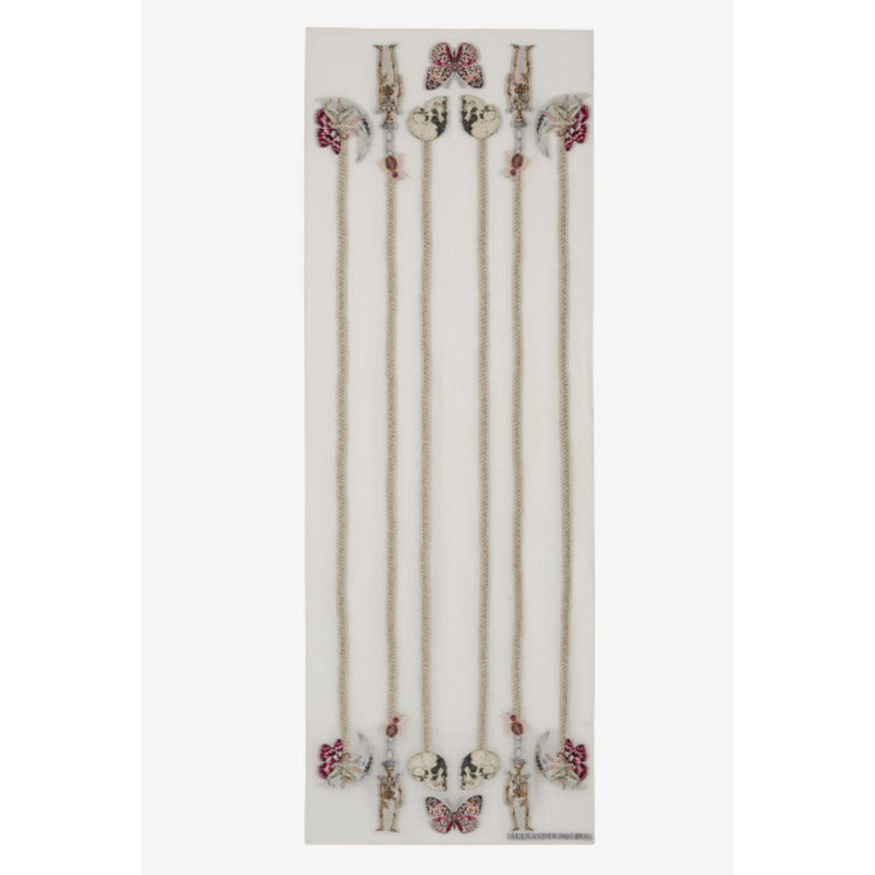 NEW $525 ALEXANDER MCQUEEN Ivory Silk RENAISSANCE CHARM Skeleton FAIRY SCARF