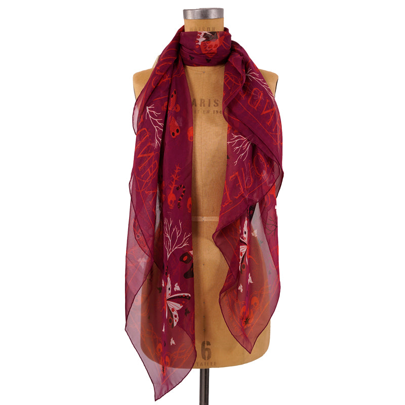 NEW $395 ALEXANDER MCQUEEN Wine Chiffon MAGIC NIGHT FAIRY SKULL Silk 55" SCARF