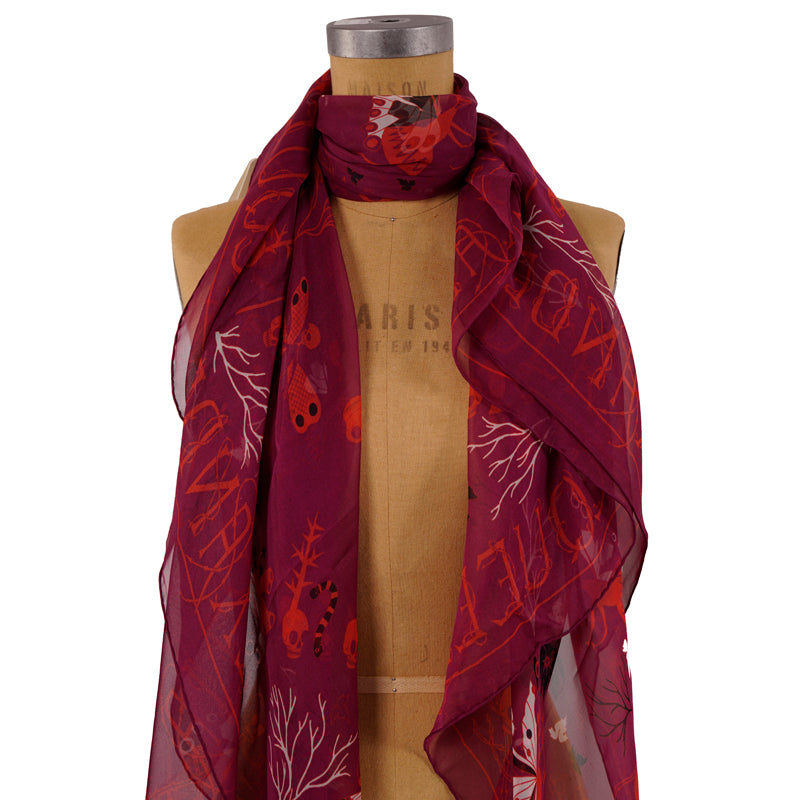 NEW $395 ALEXANDER MCQUEEN Wine Chiffon MAGIC NIGHT FAIRY SKULL Silk 55" SCARF
