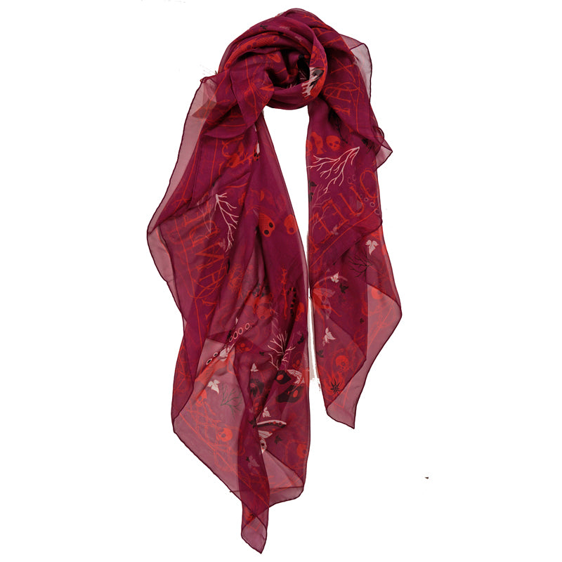 NEW $395 ALEXANDER MCQUEEN Wine Chiffon MAGIC NIGHT FAIRY SKULL Silk 55" SCARF