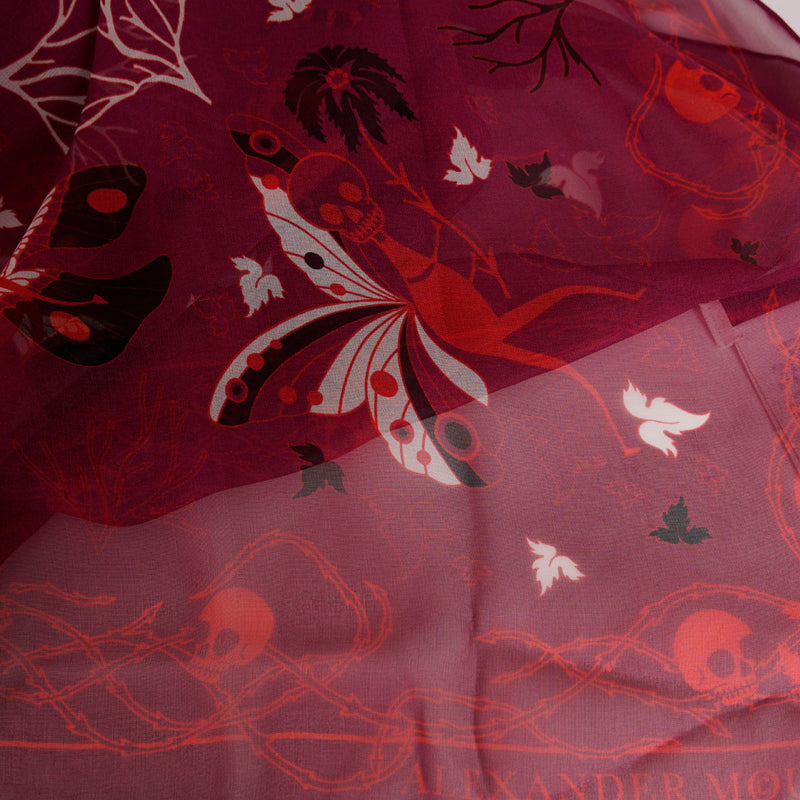 NEW $395 ALEXANDER MCQUEEN Wine Chiffon MAGIC NIGHT FAIRY SKULL Silk 55" SCARF