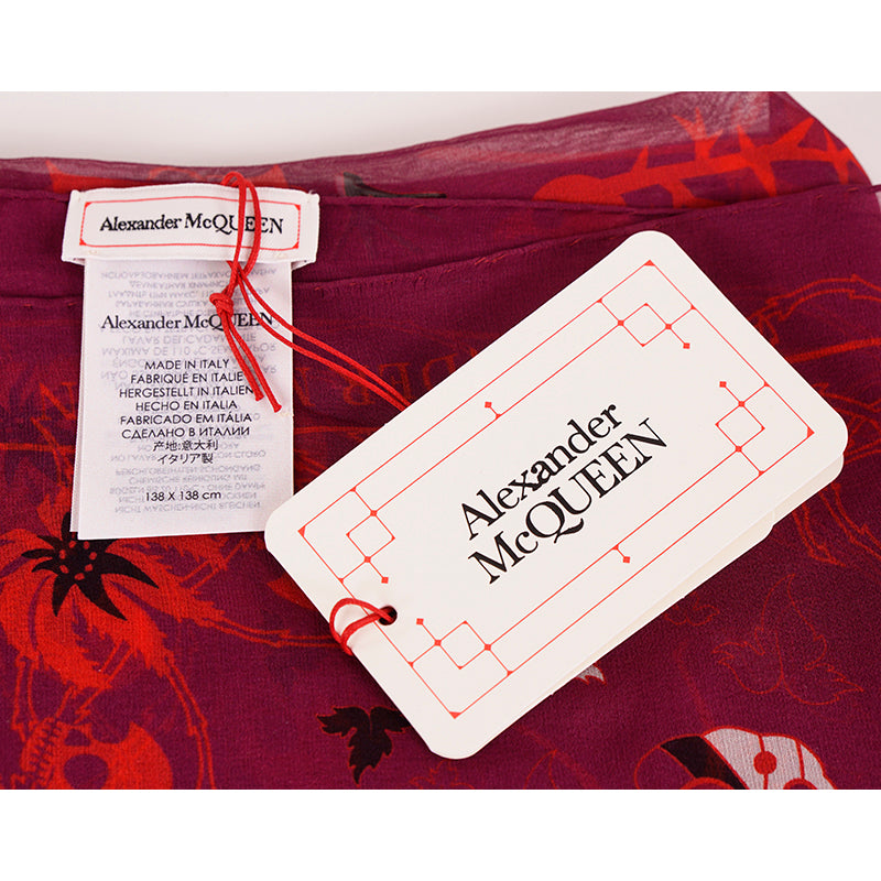NEW $395 ALEXANDER MCQUEEN Wine Chiffon MAGIC NIGHT FAIRY SKULL Silk 55" SCARF