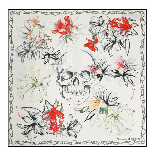 NEW $395 ALEXANDER MCQUEEN White Silk Satin ENDANGERED FLOWER SKULL 35" SCARF