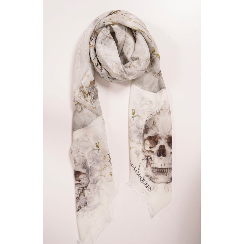 NEW $490 ALEXANDER MCQUEEN Ivory OPHELIA SKULL FLORAL Modal Wool Shawl SCARF NWT