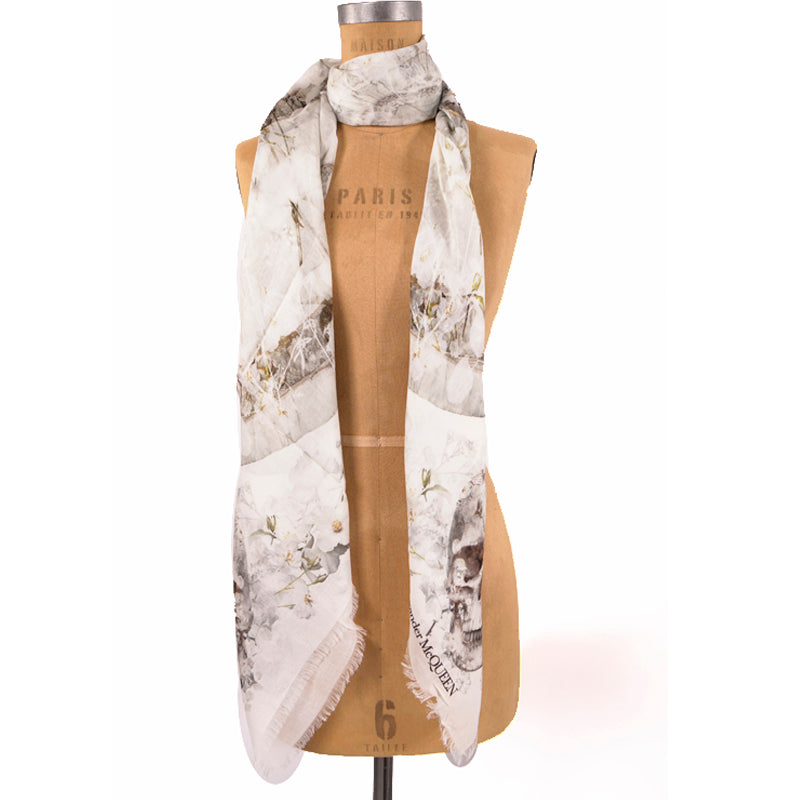 NEW $490 ALEXANDER MCQUEEN Ivory OPHELIA SKULL FLORAL Modal Wool Shawl SCARF NWT