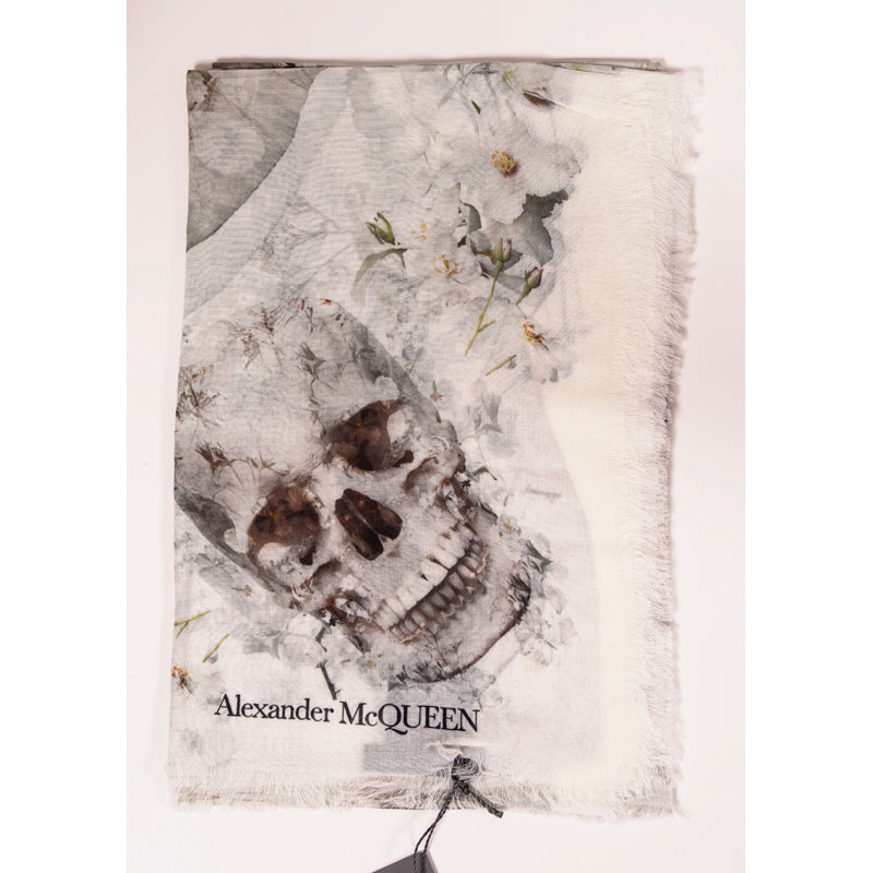 NEW $490 ALEXANDER MCQUEEN Ivory OPHELIA SKULL FLORAL Modal Wool Shawl SCARF NWT
