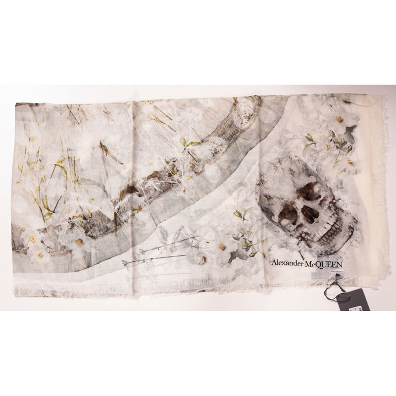 NEW $490 ALEXANDER MCQUEEN Ivory OPHELIA SKULL FLORAL Modal Wool Shawl SCARF NWT