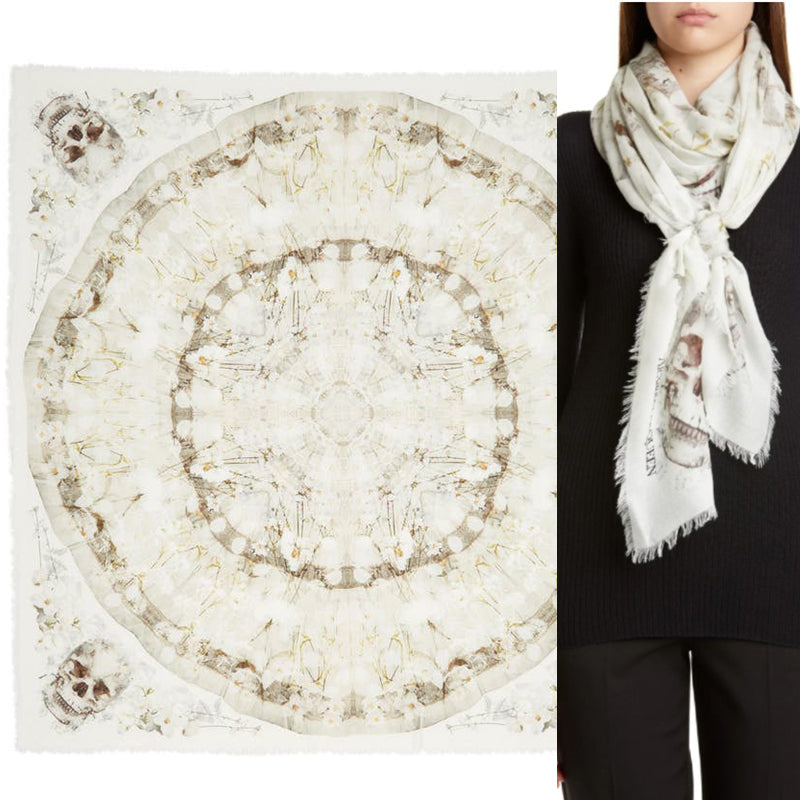 NEW $490 ALEXANDER MCQUEEN Ivory OPHELIA SKULL FLORAL Modal Wool Shawl SCARF NWT