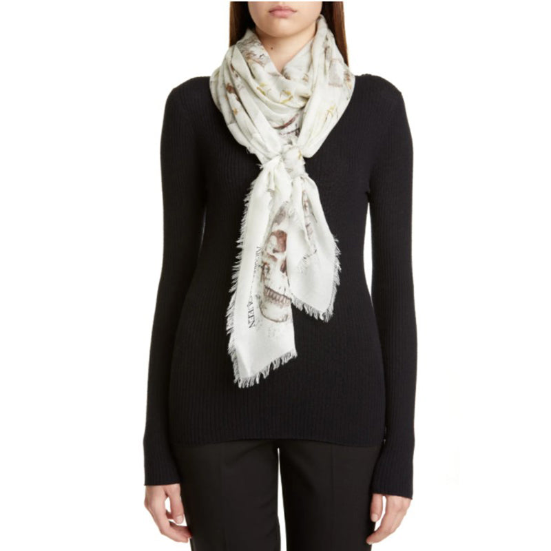 NEW $490 ALEXANDER MCQUEEN Ivory OPHELIA SKULL FLORAL Modal Wool Shawl SCARF NWT