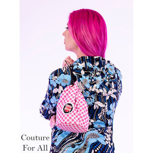NEW MIU MIU Pink White Gingham CLUB LOGO PATCH Drawstring Small BUCKET BAG NWT