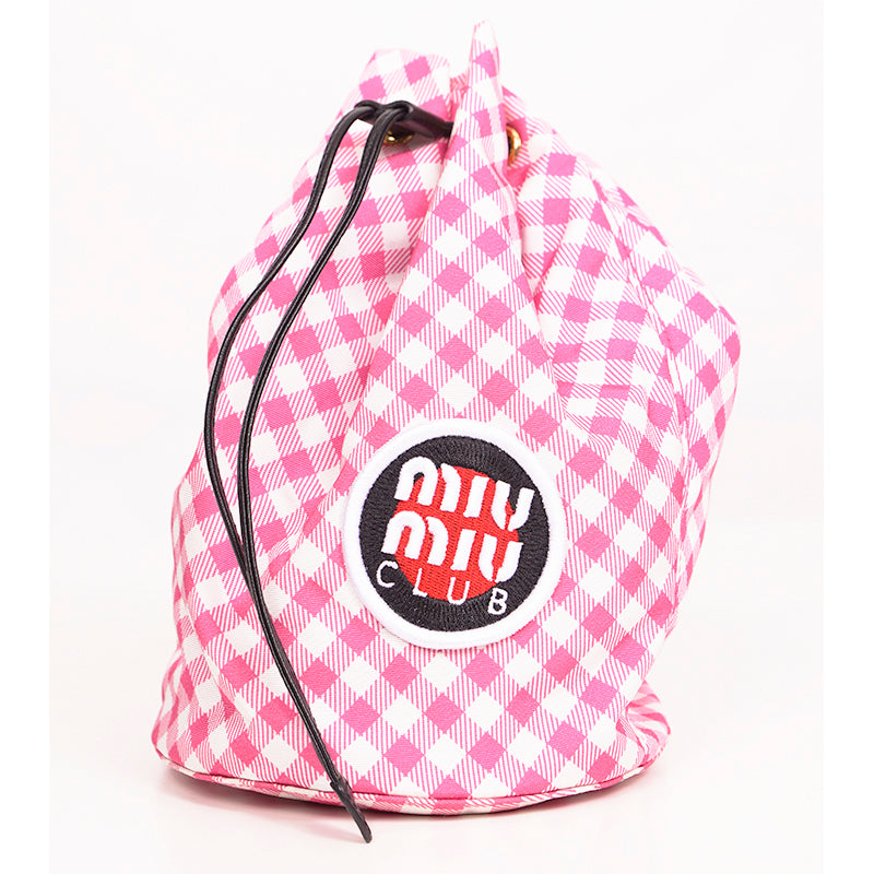 NEW MIU MIU Pink White Gingham CLUB LOGO PATCH Drawstring Small BUCKET BAG NWT