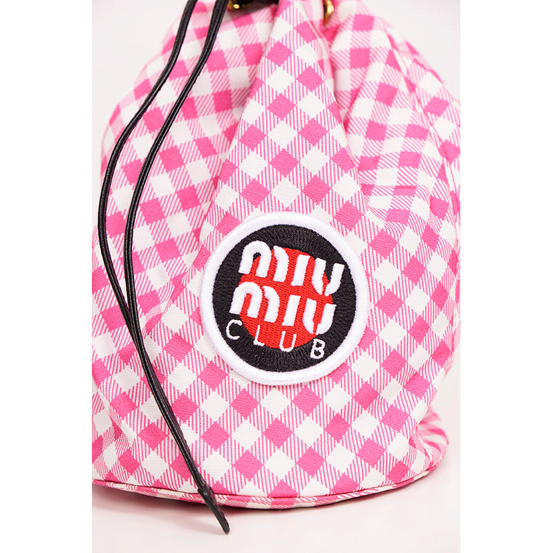 NEW MIU MIU Pink White Gingham CLUB LOGO PATCH Drawstring Small BUCKET BAG NWT