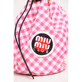 NEW $495 MIU MIU CLUB LOGO PATCH Pink White Gingham Drawstring Small BUCKET BAG
