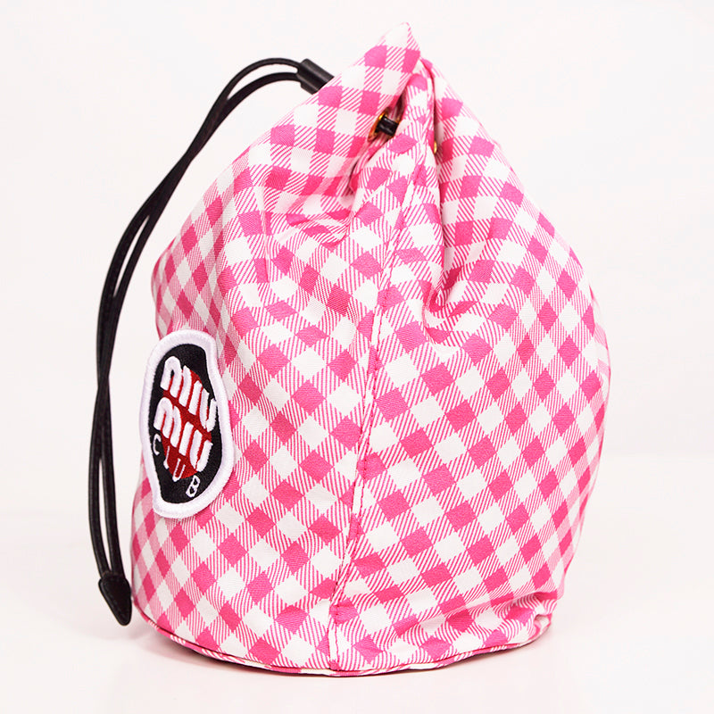 NEW MIU MIU Pink White Gingham CLUB LOGO PATCH Drawstring Small BUCKET BAG NWT