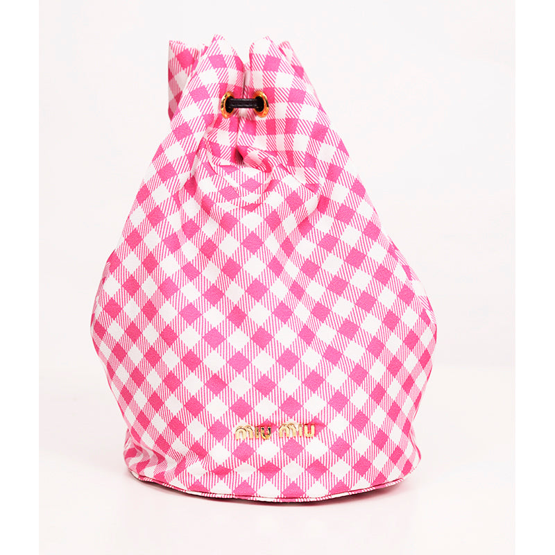 NEW MIU MIU Pink White Gingham CLUB LOGO PATCH Drawstring Small BUCKET BAG NWT