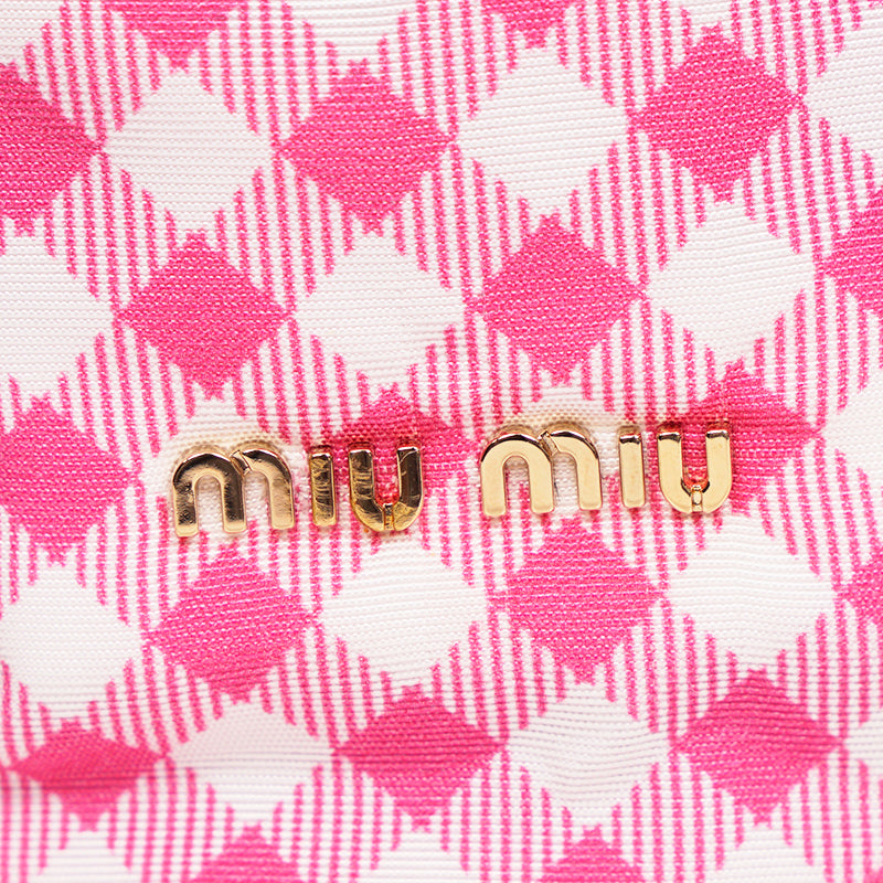 NEW MIU MIU Pink White Gingham CLUB LOGO PATCH Drawstring Small BUCKET BAG NWT