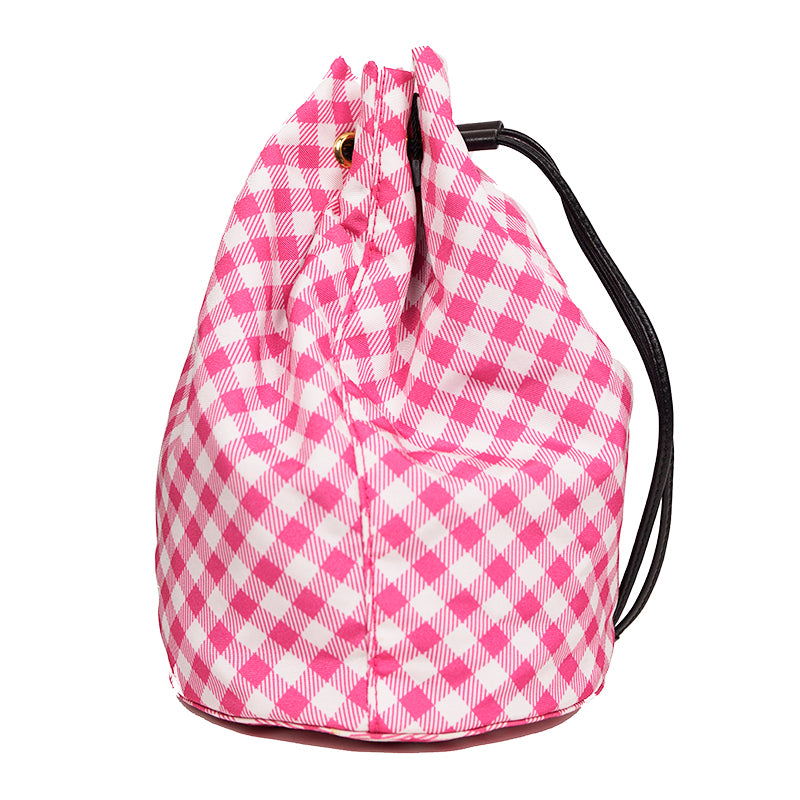 NEW MIU MIU Pink White Gingham CLUB LOGO PATCH Drawstring Small BUCKET BAG NWT